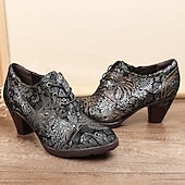 olcso 1930-as évek-Edward-korabeli ihletésű vintage jacquard fűzős bőr bokacsizma vastag sarokkal, retró virágmintás rövid csizma nőknek