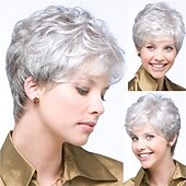 cheap Older Wigs-Short Curly Grey Pixie Wigs for White Women Sliver Grey Layered Synthetic Wig Natural Looking Pixie Cut Fluffy Wigs with Bangs