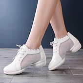 abordables Baskets de danse-Chaussures de danse à lacets en cuir et maille blanche pour femmes, avec semelle souple et flexible, baskets de jazz respirantes pour la pratique latine, la salle de bal et l&#039;entraînement physique.