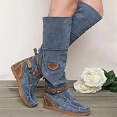 cheap Cowboy &amp; Western Boots-Women&#039;s Suede Knee-High Boots with Wedge Heel and Buckle Strap - Bohemian Style Casual Boots in Denim Blue