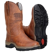 billiga Cowboy &amp; Western Boots-cowboyarbetsstövlar med präglade amerikansk flagga för män - slitstarka bruna västernstövlar i konstläder med robust sula för utomhus- och fritidskläder