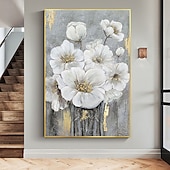 preiswerte Blumen-/Botanische Gemälde-Handgefertigtes handgemaltes Ölgemälde an der Wand, abstraktes Ölgemälde mit weißen blühenden Blumen auf Leinwand, originales goldenes Blumen-Acrylgemälde, modernes großes Wandkunst-Dekor, gerollte