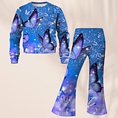 billiga Flickans 3D Vision &amp; Skinande-Flickor 3D Fjäril Set Sweatshirt &amp; Flare Pants Set Långärmad 3D-tryck Höst Vinter Aktiv Mode Dagligen Barn 3-12 år Rund hals Utomhus Semester Datum Normal
