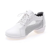 abordables Baskets de danse-Chaussures de danse à lacets en cuir et maille blanche pour femmes, avec semelle souple et flexible, baskets de jazz respirantes pour la pratique latine, la salle de bal et l&#039;entraînement physique.