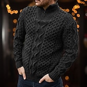 baratos suéter pulôver masculino-Homens Pulôver irlandês Pulôveres Aran camisolas de natal Pulôver suéter Suéter com zíper de um quarto Estriado Cabo Tricotar Padrão Half Zip Tricotado Tecido Colarinho Chinês Contemporâneo Moderno