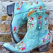 abordables Cowboy y botas occidentales-Botas vaqueras occidentales vintage para mujer: botines de piel sintética con bordados florales para uso informal y festivo