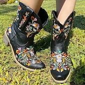 abordables Cowboy y botas occidentales-Botas vaqueras occidentales vintage para mujer: botines de piel sintética con bordados florales para uso informal y festivo