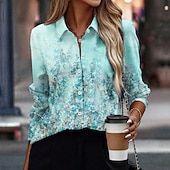 economico Top Floreali-Camicia da donna moda floreale stampa bottoni maniche lunghe top regolare colletto casual vacanza blu verde khaki primavera e autunno