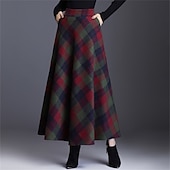 olcso Szoknyák-Női Szoknya A-vonalú Hinta Kockás szoknya Elegáns Divat Maxi Magas derék Szoknyák Kockás Zseb Nyomtatott Vakáció Utca Rubin Kék Zöld Khakizöld Tél Poliészter