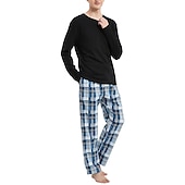 billiga Pyjamas-Herr Vardagsklädsel Sovkläder Pyjamas set Pyjamastopp och byxa 2 delar Rutig Stylish Ledigt Komfort Hem Dagligen Bomullsblandning Komfort Rund hals Långärmad T-shirt Byxa Snörning Elastisk midja