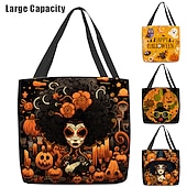 cheap Graphic Print Bags-Large Capacity Halloween Tote Bags - Reusable Shopping Bags with Unique Pumpkin, Witch, and Day of the Dead Designs