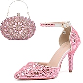 olcso Félig formális-női rózsaszín strasszos magas sarkú menyasszonyi cipő hozzáillő clutch táskával – elbűvölő esküvői és participő szett