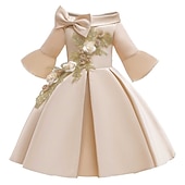 ieftine Rochii de Petrecere-Copii Fete Rochie de petrecere Floral Lungime Manșon 3/4 Oficial Performanță Nuntă Nodul cravatei Modă Adorabil Bumbac Midi Rochie de petrecere Rochie cu broderie florală Rochie de Fata de Flori Var