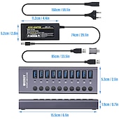 cheap USB Hubs-100‑240V 10 Port 60W USB 3.0 Hub with Individual Power Switches LEDs Aluminum Alloy Shell USB 3.0 Docking Station 60W 12V 5A Power Adapter