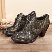 olcso 1930-as évek-Edward-korabeli ihletésű vintage jacquard fűzős bőr bokacsizma vastag sarokkal, retró virágmintás rövid csizma nőknek