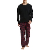 billiga Pyjamas-Herr Vardagsklädsel Sovkläder Pyjamas set Pyjamastopp och byxa 2 delar Rutig Stylish Ledigt Komfort Hem Dagligen Bomullsblandning Komfort Rund hals Långärmad T-shirt Byxa Snörning Elastisk midja