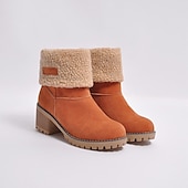 cheap Snow &amp; Winter Boots-Women&#039;s Faux Suede Ankle Boots with Fleece Lining and Fold-Over Cuff, Block Heel Winter Boots Available in Multiple Colors