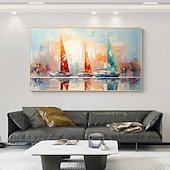 abordables Peintures paysages-peinture à l&#039;huile faite à la main toile mur art décor original voilier coloré en entier pour la décoration intérieure avec cadre étiré sans peinture de cadre intérieur