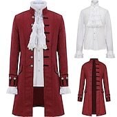 baratos Conjuntos-conjunto com camisa com babados jacquard trench coat peruca colonial 2 * bonés de peruca roupas vitorianas medievais masculinas retrô vintage princesa vampiro fantasia cosplay halloween baile de
