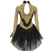 お買い得  フィギュアスケートドレス-フィギュアスケート ドレス 女性用 女の子 アイススケート ドレス ブラック + 黄金 パッチワーク 指穴付き メッシュ スパンデックス 伸縮性あり 訓練 レッスン用 プロフェッショナル スケートウェア クリスタル・ラインストーン 長袖 フィギュアスケート