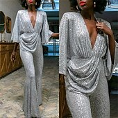 billige festdresser-dame jumpsuit høy midje paljett glitrende ensfarget v-hals elegant bryllupsfest normal passform 3/4-lengde erme sølv s m l fall