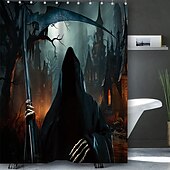 baratos Cortinas de chuveiro de Halloween-Cortina de chuveiro de terror de Halloween com ganchos para cortina de chuveiro de banheiro conjunto de decoração de banheiro de poliéster à prova d&#039;água 12 pacotes de ganchos de plástico decoração de