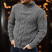 baratos suéter pulôver masculino-Homens Pulôver irlandês Pulôveres Aran camisolas de natal Pulôver suéter Suéter com zíper de um quarto Estriado Cabo Tricotar Padrão Half Zip Tricotado Tecido Colarinho Chinês Contemporâneo Moderno