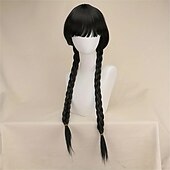 abordables Perruques de personnages de films-perruque synthétique mercredi droite avec 2 queues de cheval perruque fabriquée à la machine cheveux synthétiques longs noirs femmes doux naturel fête noir perruques d&#039;Halloween