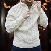 baratos suéter pulôver masculino-Homens Pulôver irlandês Pulôveres Aran camisolas de natal Pulôver suéter Suéter com zíper de um quarto Estriado Cabo Tricotar Padrão Half Zip Tricotado Tecido Colarinho Chinês Contemporâneo Moderno