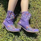 abordables Cowboy y botas occidentales-Botas vaqueras occidentales vintage para mujer: botines de piel sintética con bordados florales para uso informal y festivo