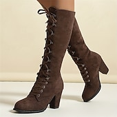 cheap Fashion Boots-Women&#039;s Black Lace-Up Knee-High Boots with Block Heels - Elegant and Edgy for Fall and Winter, Ideal for Casual Wear, Parties, and Nights Out