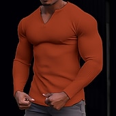 economico T-shirt in maglia waffle-Per uomo Camicia a nido d&#039;ape Maglietta Camicia a Maniche Lunghe Manica Lunga Scollo a V Primavera &amp; Autunno Semplice Moda Designer Essenziale Vacanza Streetwear Uscire Nero Bianco Arancione