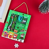 abordables fournitures de peinture, de dessin et d&#039;art-6 pièces/ensemble coffret cadeau de papeterie portable de noël contient 2 crayons 1 taille-crayon 1 gomme 1 règle 1 papier autocollant pour les élèves du primaire enfants apprenant le prix du cadeau