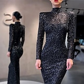abordables NOIR-Robe de soirée sirène Élégante Robe Formelle Cocktail Longueur de sol Manches longues Col haut Sequins avec Robe de bal à sequins