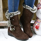 abordables Bottes de neige et d&#039;hiver-Femme Bottes Bottes de neige Chaussures en daim Bottes d&#039;hiver Extérieur Couleur unie Doublé en Polaire Bottes mi-mollet Boucle Hauteur de semelle compensée Bout rond Rétro Vintage Pluche Classique