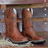 billiga Cowboy &amp; Western Boots-cowboyarbetsstövlar med präglade amerikansk flagga för män - slitstarka bruna västernstövlar i konstläder med robust sula för utomhus- och fritidskläder