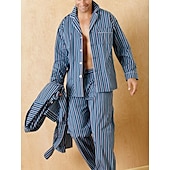 billiga Pyjamas-Herr Vardagsklädsel Sovkläder Pyjamas set Pyjamastopp och byxa 2 delar Rand Stylish Ledigt Komfort Hem Dagligen Polyester Komfort Kavajslag Långärmad Skjorta Byxa Snörning Elastisk midja Vår Höst