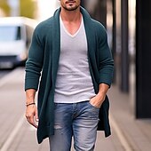 cheap Men&#039;s Cardigan Sweater-Men&#039;s Cardigan Sweater Fall Sweater Ribbed Knit Tunic Knitted Plain Shawl Collar Warm Ups Modern Contemporary Daily Wear Going out Clothing Apparel Fall &amp; Winter Red Blue M L XL