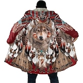 Men's Wolf Winter Coat Fleece Jacket Coat Comfortable Warm Breathable Vintage Abstract Sports & Outdoor Daily Wear Going out Zipper Pocket Print Fall & Winter Hoodie Long Sleeve Burgundy3