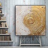preiswerte Ölgemälde-Goldenes und weißes Gemälde, goldene strukturierte Wandkunst, handbemalte goldene Kreiskunst auf Leinwand, goldene Wandkunst, goldenes abstraktes Gemälde, gerollte Leinwand (kein Rahmen)