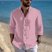cheap Vacation-Men&#039;s Shirt Linen Shirt Summer Shirt Beach Wear Casual Shirt Button Up Shirt Plain Vacation Casual Black White Pink Blue Long Sleeve Lapel Spring &amp; Summer Clothing Apparel