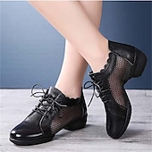abordables Baskets de danse-Chaussures de danse à lacets en cuir et maille blanche pour femmes, avec semelle souple et flexible, baskets de jazz respirantes pour la pratique latine, la salle de bal et l&#039;entraînement physique.
