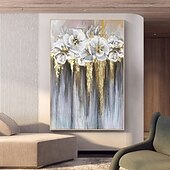 preiswerte Blumen-/Botanische Gemälde-Handgefertigtes handgemaltes Ölgemälde an der Wand, abstraktes Ölgemälde mit weißen blühenden Blumen auf Leinwand, originales goldenes Blumen-Acrylgemälde, modernes großes Wandkunst-Dekor, gerollte