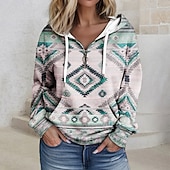 cheap Boho Tops-Women&#039;s Quarter Zipper Sweater Hoodie Hoodie Pullover Tribal Casual Sports Drawstring Front Pocket Quarter Active Ethnic Hoodie Long Sleeve Top  Comfrt Breathable Soft Fabric