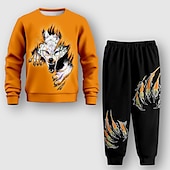 billiga Pojkens 3D-djur-Pojkar 3D Varg Sweatshirt &amp; Sweatpants Set Set Långärmad 3d-utskrivning Höst Vinter Aktiv Mode Häftig Barn 3-12 år Rund hals Utomhus Semester Gata Normal