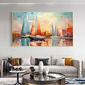 abordables Peintures paysages-peinture à l&#039;huile faite à la main toile mur art décor original voilier coloré en entier pour la décoration intérieure avec cadre étiré sans peinture de cadre intérieur