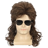 cheap Historical Wigs-Long Dark Brown Wig Rock Star Style Mullet Cosplay Wig 70s 80s Costume Wig Carnival Curly Hair Party Wigs Halloween Wigs