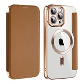 abordables Coques iPhone-Coque de téléphone MagSafe avec dos transparent et fente pour carte – couvercle rétro cuir PU pour iPhone 16e 16 15 Pro Max Plus 14 13 12 11