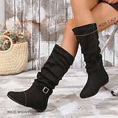 olcso Slouch Boots-fekete, lábszárközépig érő női csizma csatos pánttal és oldalsó cipzárral, kényelmes lapos sarkú, hétköznapi őszi és téli ruhákhoz