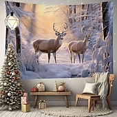 cheap Landscape Tapestry-Winter Wonderland Hanging Tapestry Wall Art Large Tapestry Mural Decor Photograph Backdrop Blanket Curtain Home Bedroom Living Room Decoration Snow Reindeer